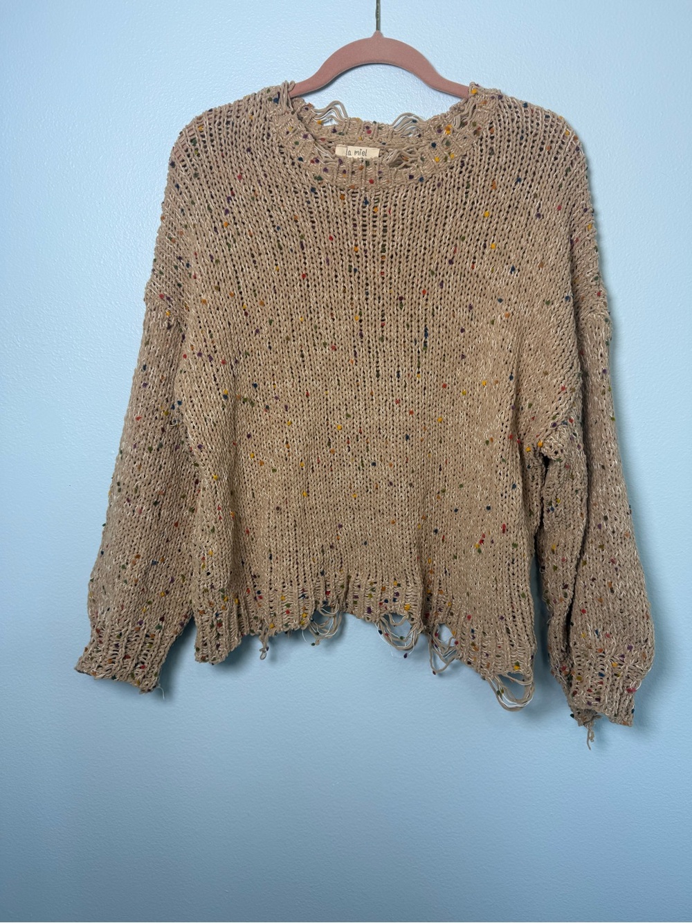 LA MIEL Beige Speckled Distressed Chunky Knit Sweater